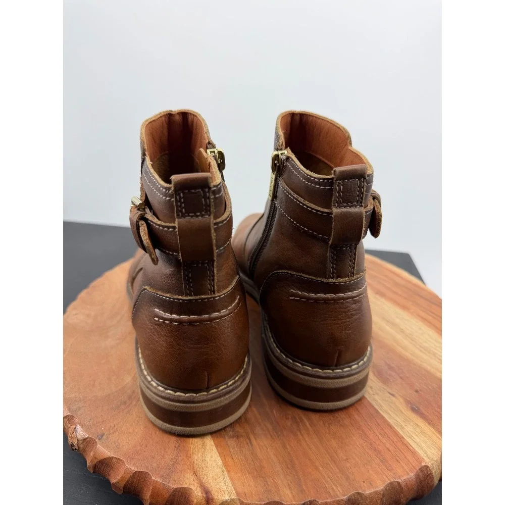Pikolinos Aldaya Ankle Boots 40 9.5-10 Tan Leather Buckle Zip Lug Sole Booties